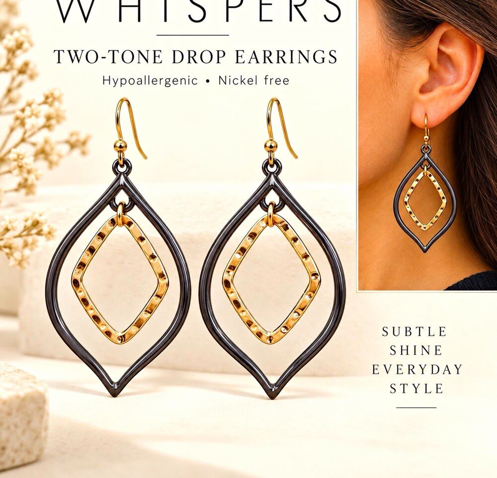 Whispers Two-Tone Teardrop Drop Earrings - Gold/Black, Hypoallergenic Hook